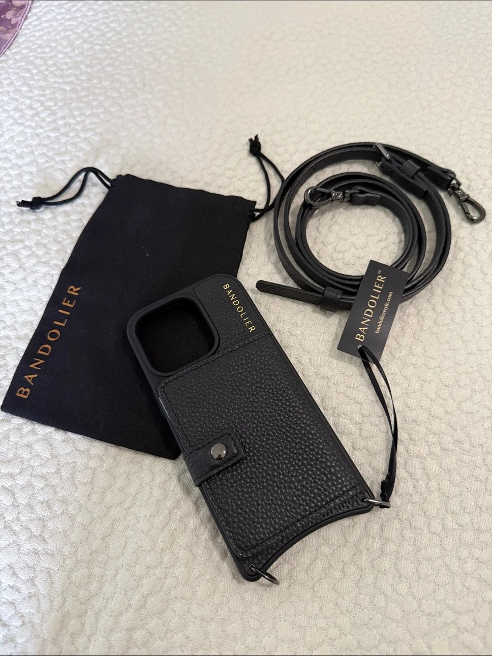 Bandolier Black Pebbled Leather Crossbody Phone Case with Strap